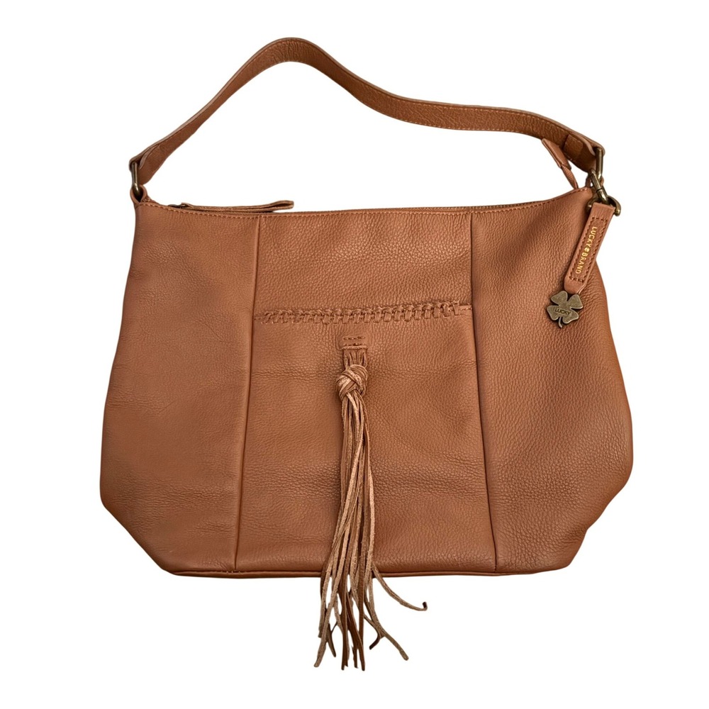 Lucky Brand Hobo Bag Women Large Tan Good Leather Tassel Whipstitch Shoulder Bag